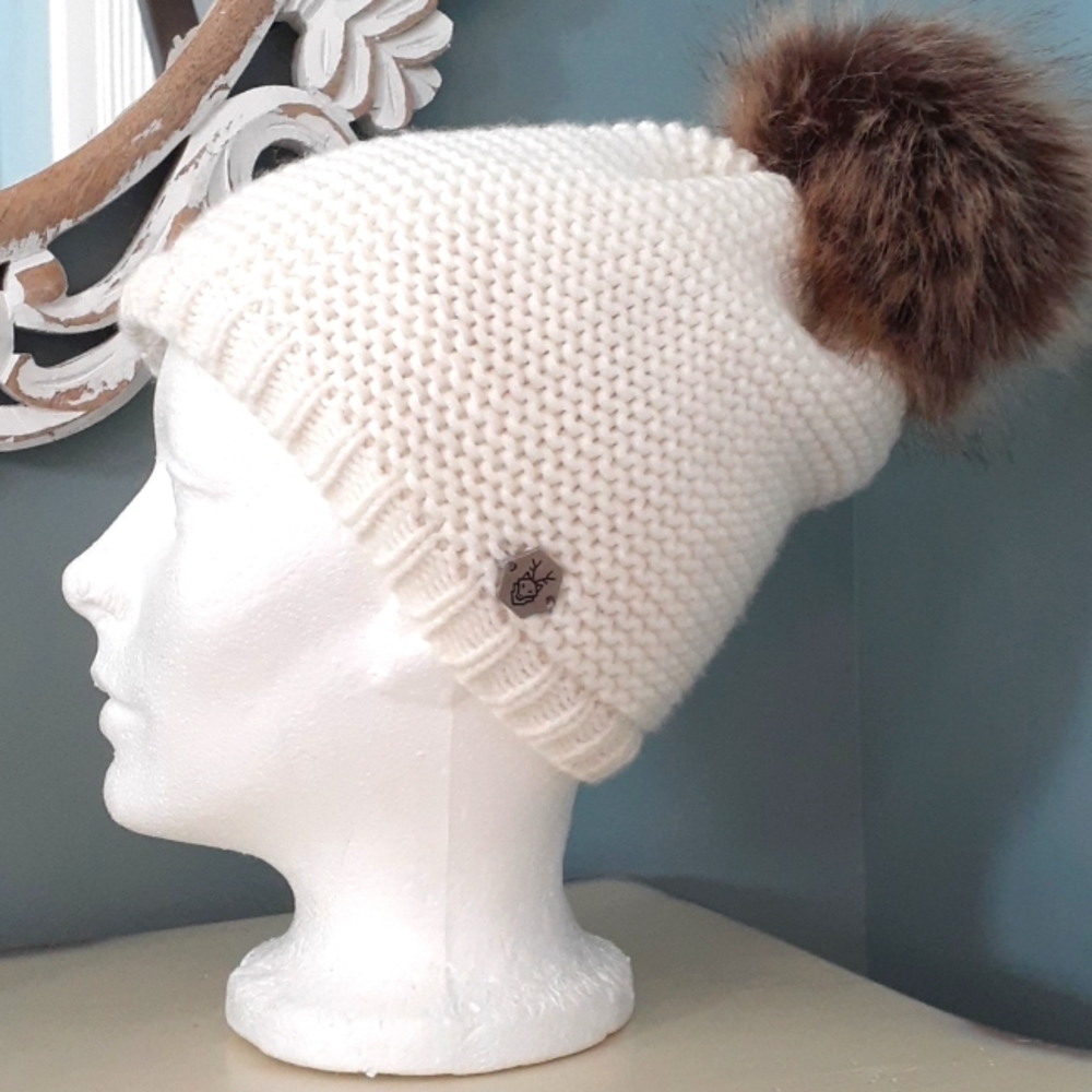 + Laska lined off-white knit toque beanie hat with pom pom